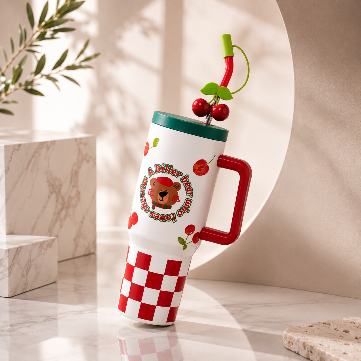 DILLER 1200ml Cherry Series Travel Tumbler with Handle & Straw | SUS304 Stainless Steel