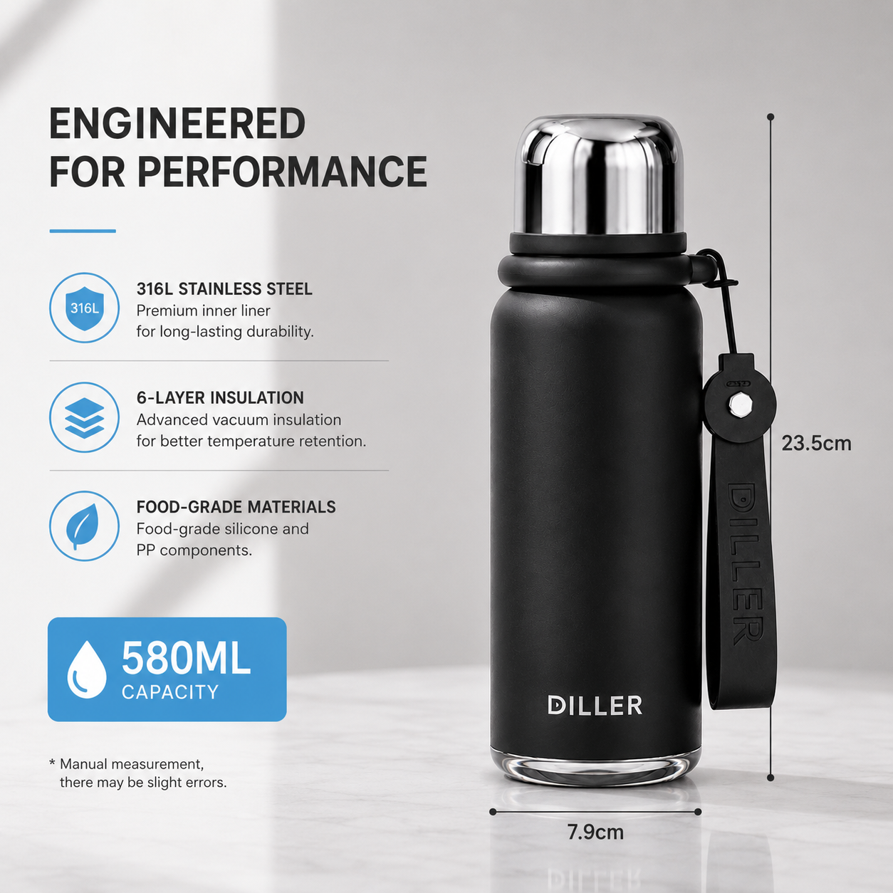 DILLER 580ML Vacuum Insulated Thermos Bottle 316L Stainless Steel 6-Layer Insulation with Carry Strap