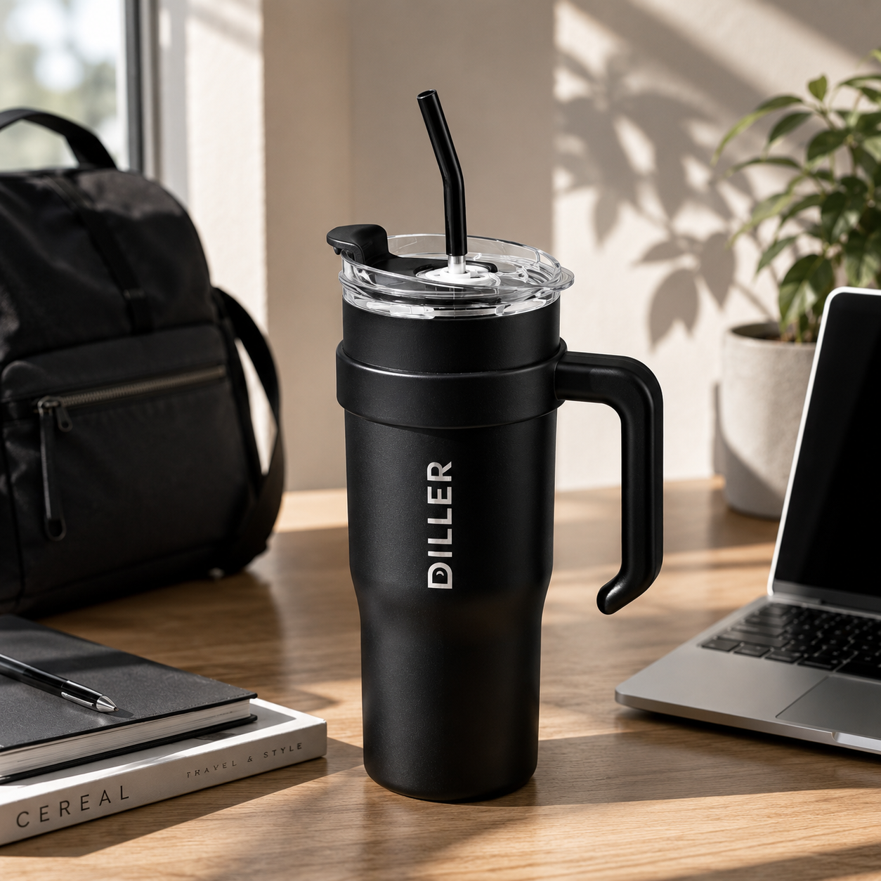 DILLER 1100ml Insulated Travel Tumbler with Handle & Straw | SUS304 Stainless Steel | Black & White