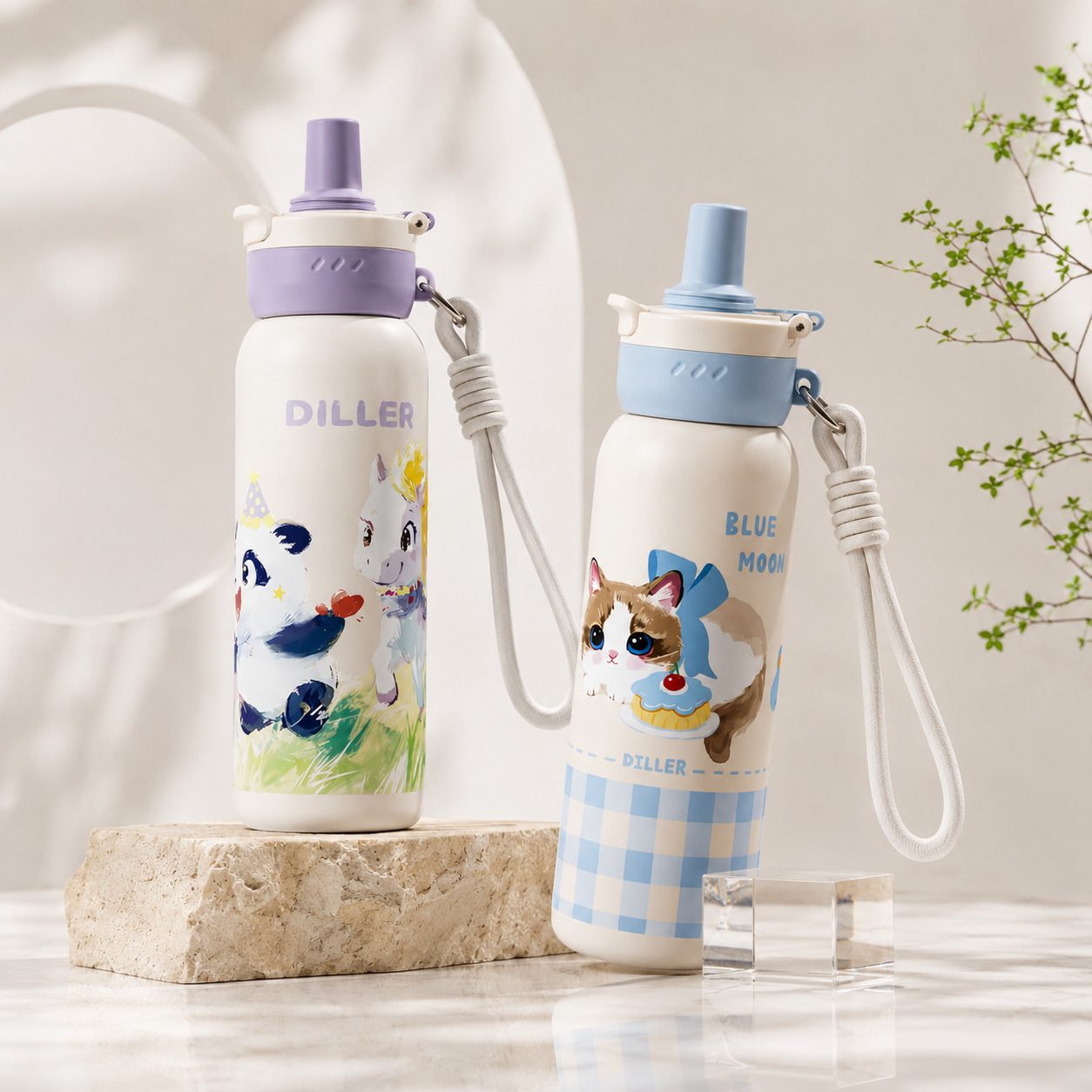 DILLER 680ml Kids Vacuum Insulated Bottle with Straw | SUS316L Stainless Steel | Blue Moon & Starwish Pony