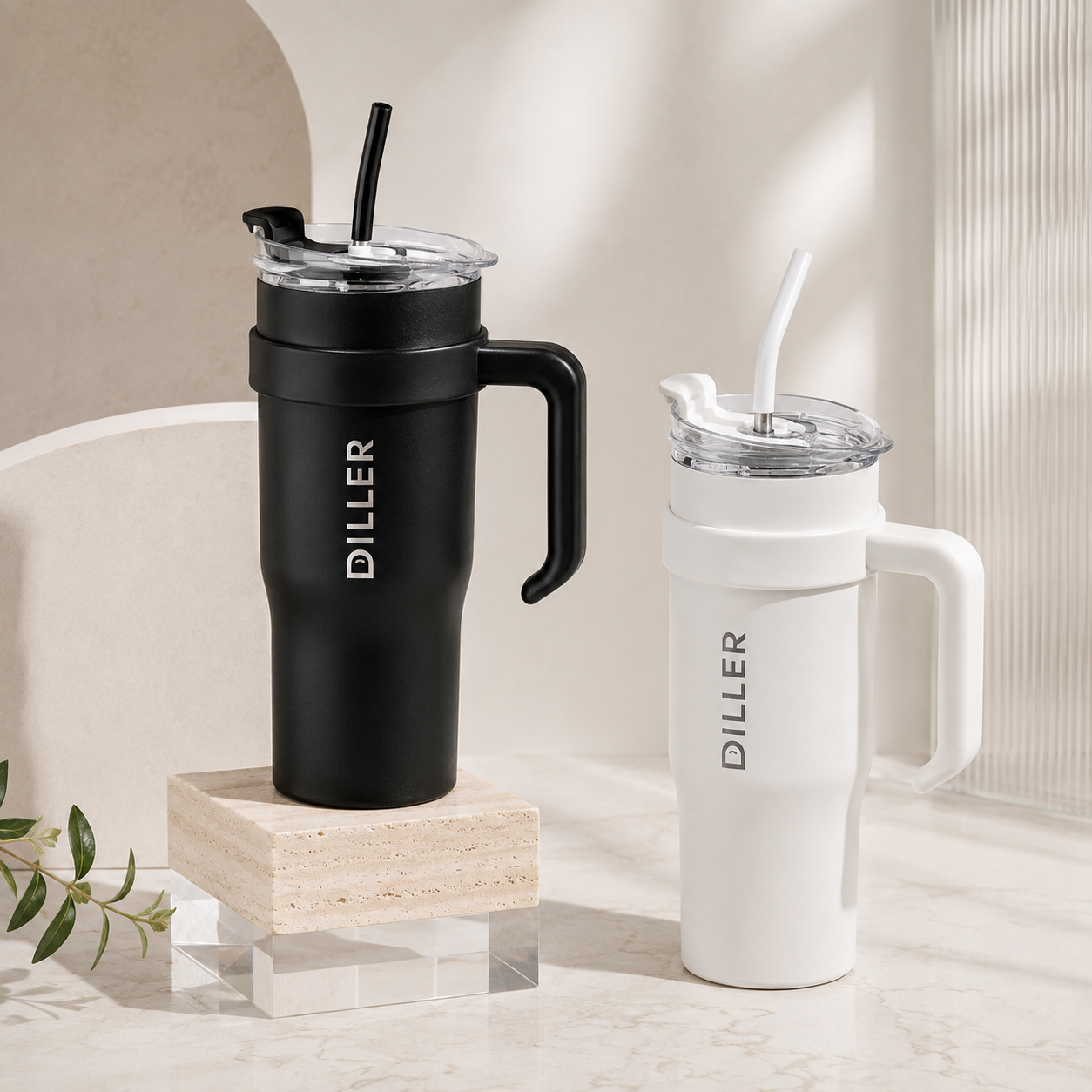 DILLER 1100ml Insulated Travel Tumbler with Handle & Straw | SUS304 Stainless Steel | Black & White
