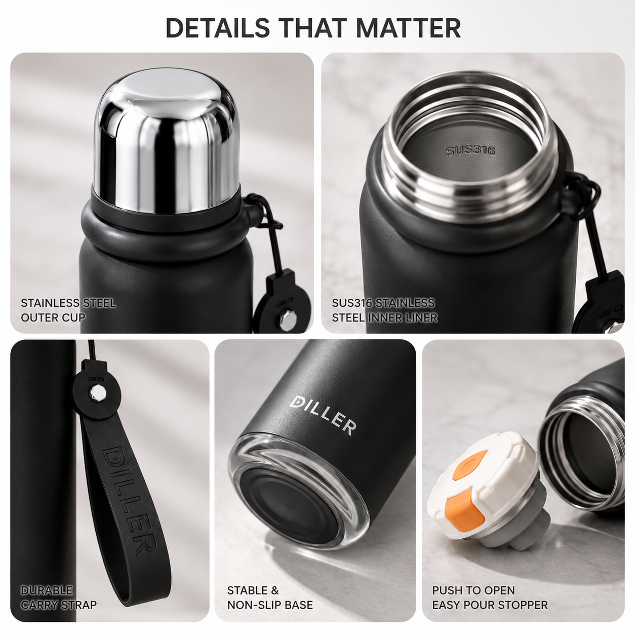 DILLER 580ML Vacuum Insulated Thermos Bottle 316L Stainless Steel 6-Layer Insulation with Carry Strap