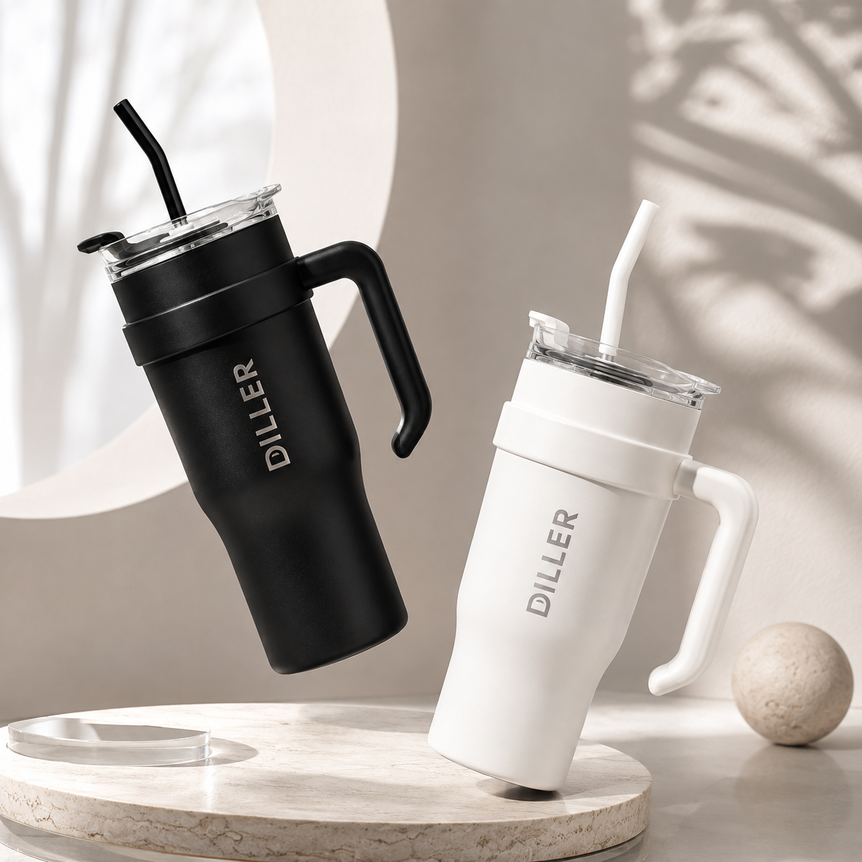 DILLER 1100ml Insulated Travel Tumbler with Handle & Straw | SUS304 Stainless Steel | Black & White