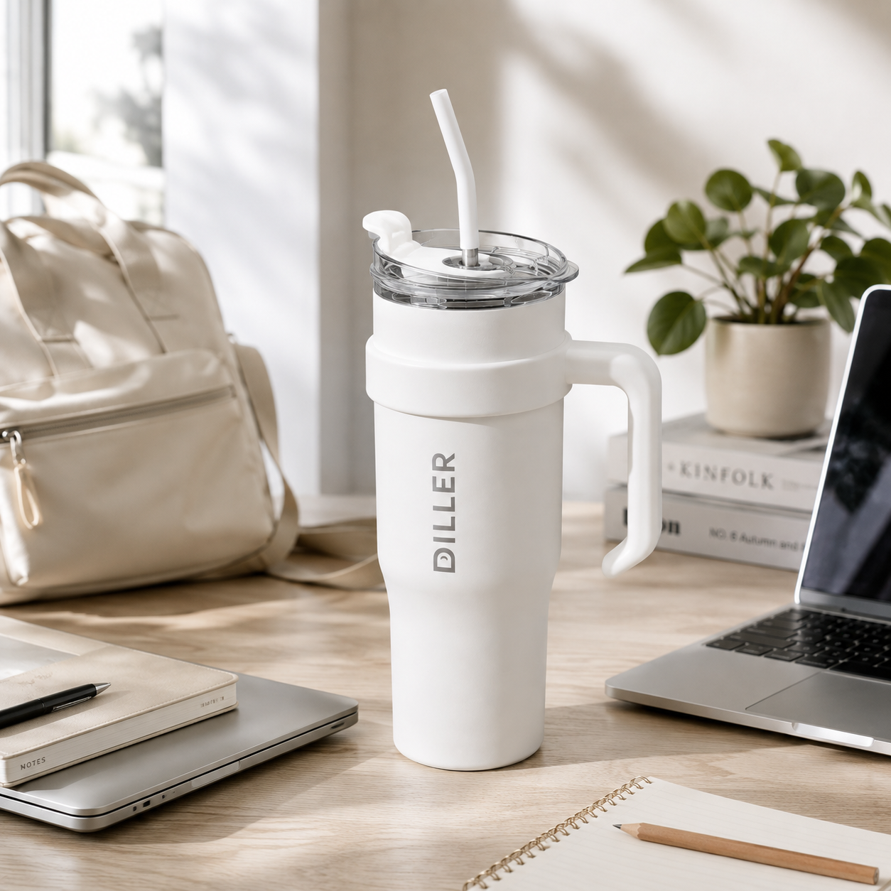 DILLER 1100ml Insulated Travel Tumbler with Handle & Straw | SUS304 Stainless Steel | Black & White