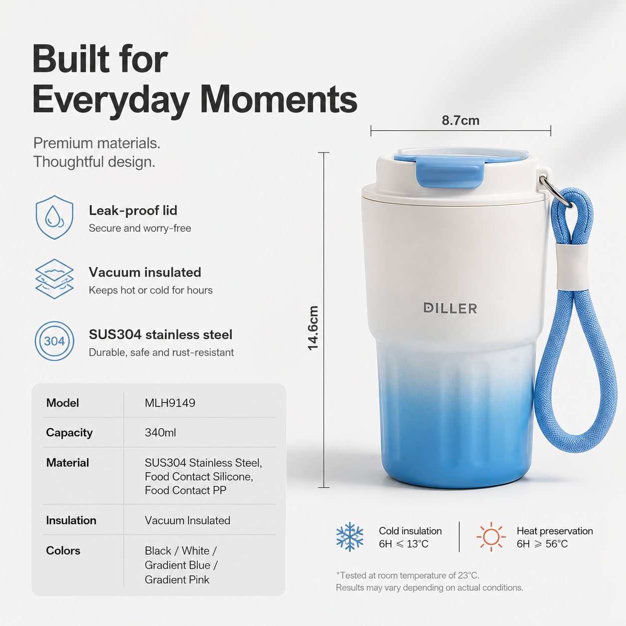 DILLER 340ML Mini Insulated Coffee Tumbler | SUS304 Stainless Steel