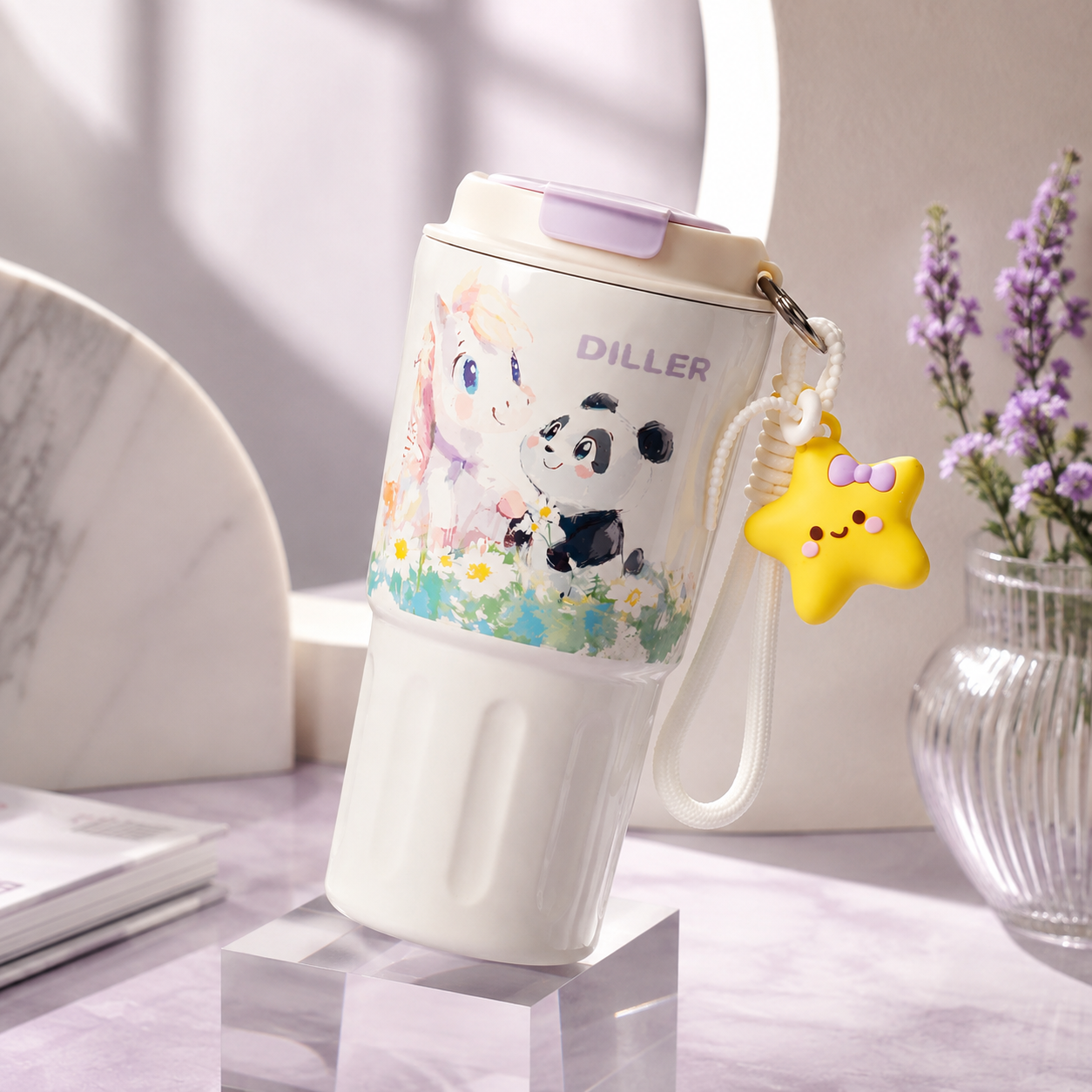 DILLER 600ml Kids Insulated Travel Tumbler with Straw & Handle | SUS316 Stainless Steel | Unicorn & Panda