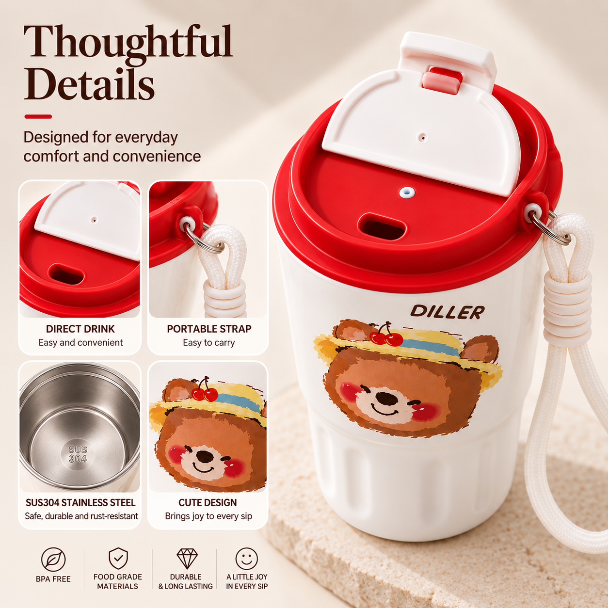 DILLER 340ml Mini Insulated Tumbler | SUS304 Stainless Steel | Pink Bunny &amp; Red Bear