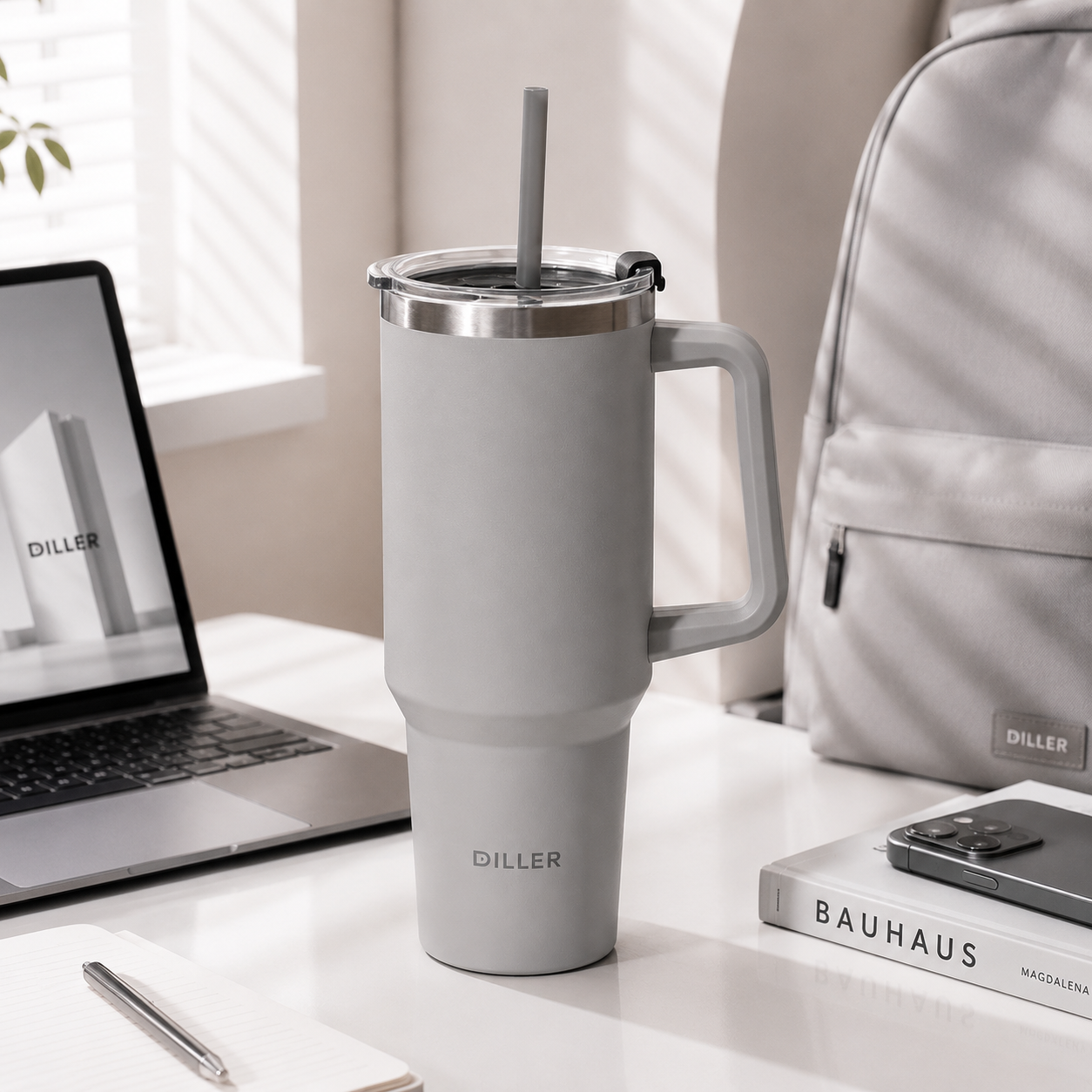 DILLER 1300ml Insulated Travel Tumbler with Handle & Straw | SUS304 Stainless Steel