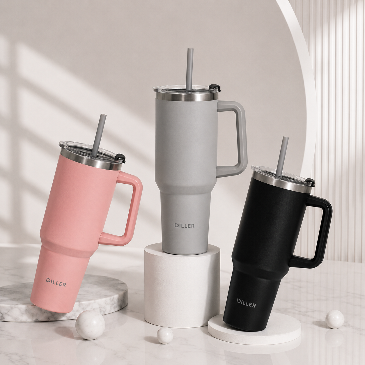 DILLER 1300ml Insulated Travel Tumbler with Handle & Straw | SUS304 Stainless Steel